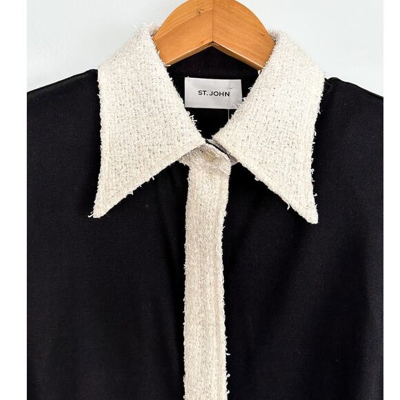 St. John Black White Silk Contrast Texture Collar Cuffs Button Down Top Blouse - Picture 7 of 9